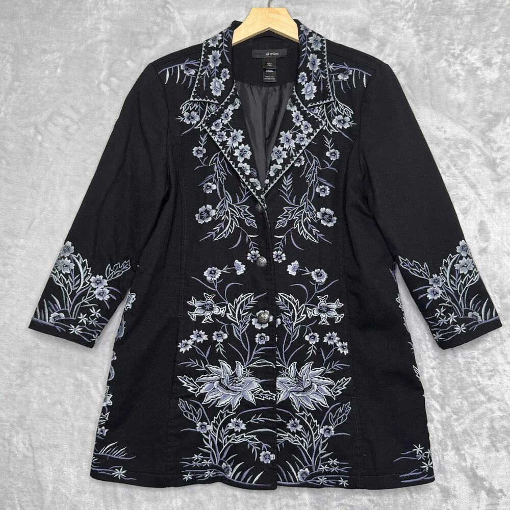 Ali Miles Black Jean Jacket with White & Light Blue Floral Embroidery